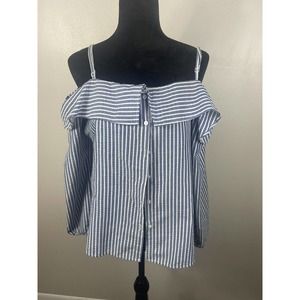 Cotton On Womens Blue Long Sleeve Off Shoulder Striped Button Up Top Size Large